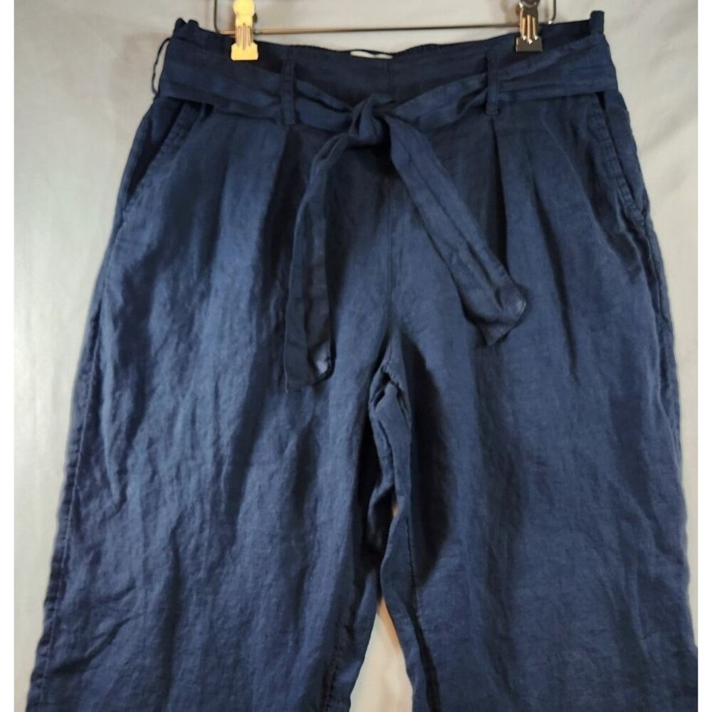 Nicole Miller Womens 100% Linen Capri Ankle Pants Med Blue Elastic Waist Belted - Picture 2 of 14